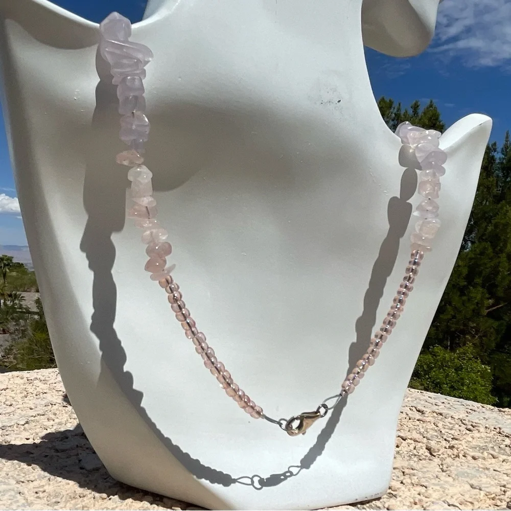 Rose Quartz & Glass Bead Necklace with Sterling Clasp